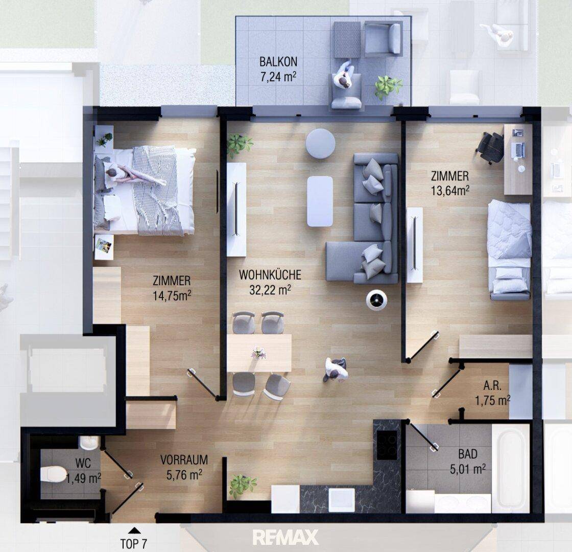 Detaillierter Grundriss einer Wohnung mit Wohnküche, zwei Zimmern, Bad und Balkon.