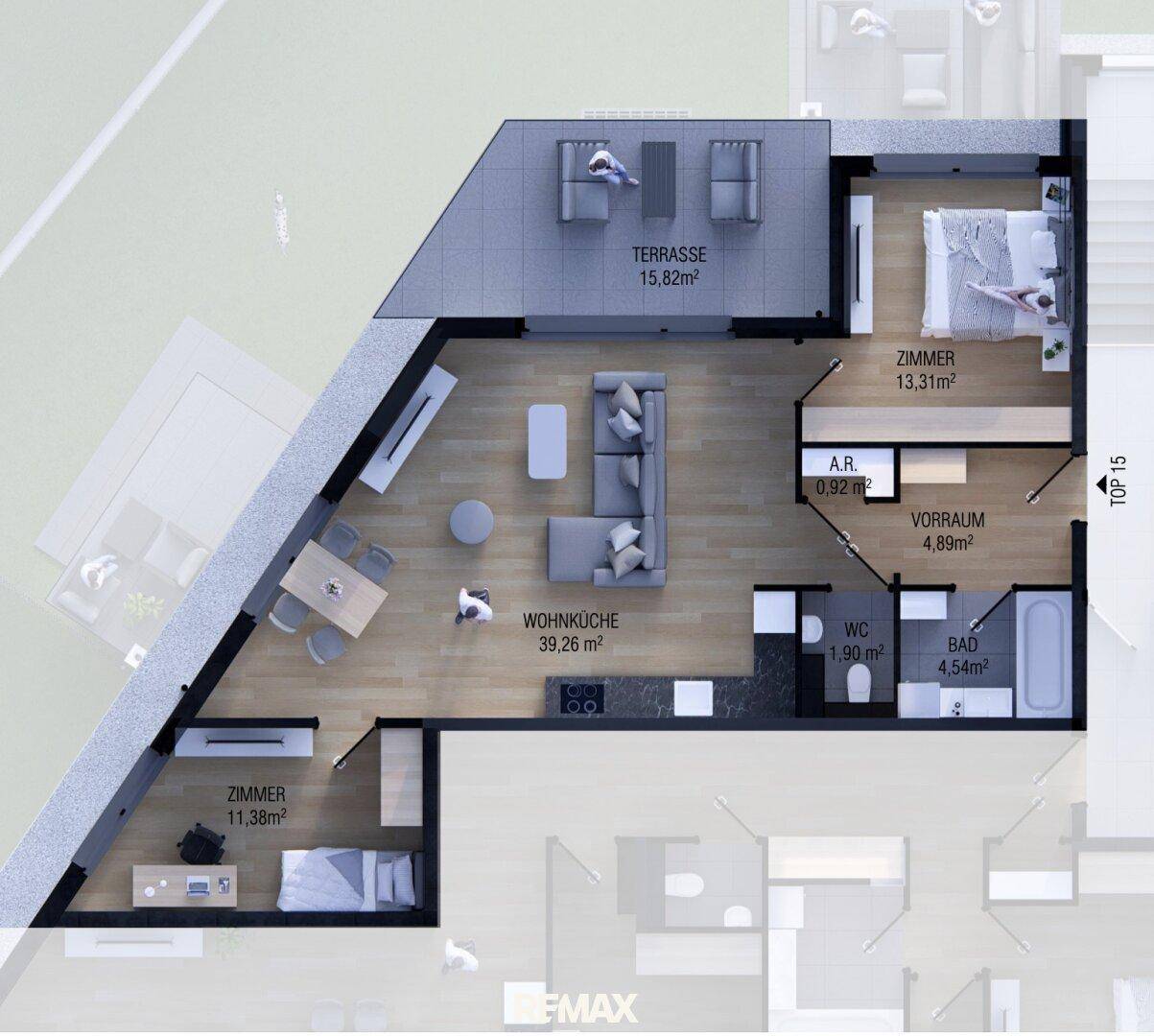 Detaillierter Grundriss einer Wohnung mit Wohnküche, zwei Zimmern und großer Terrasse.