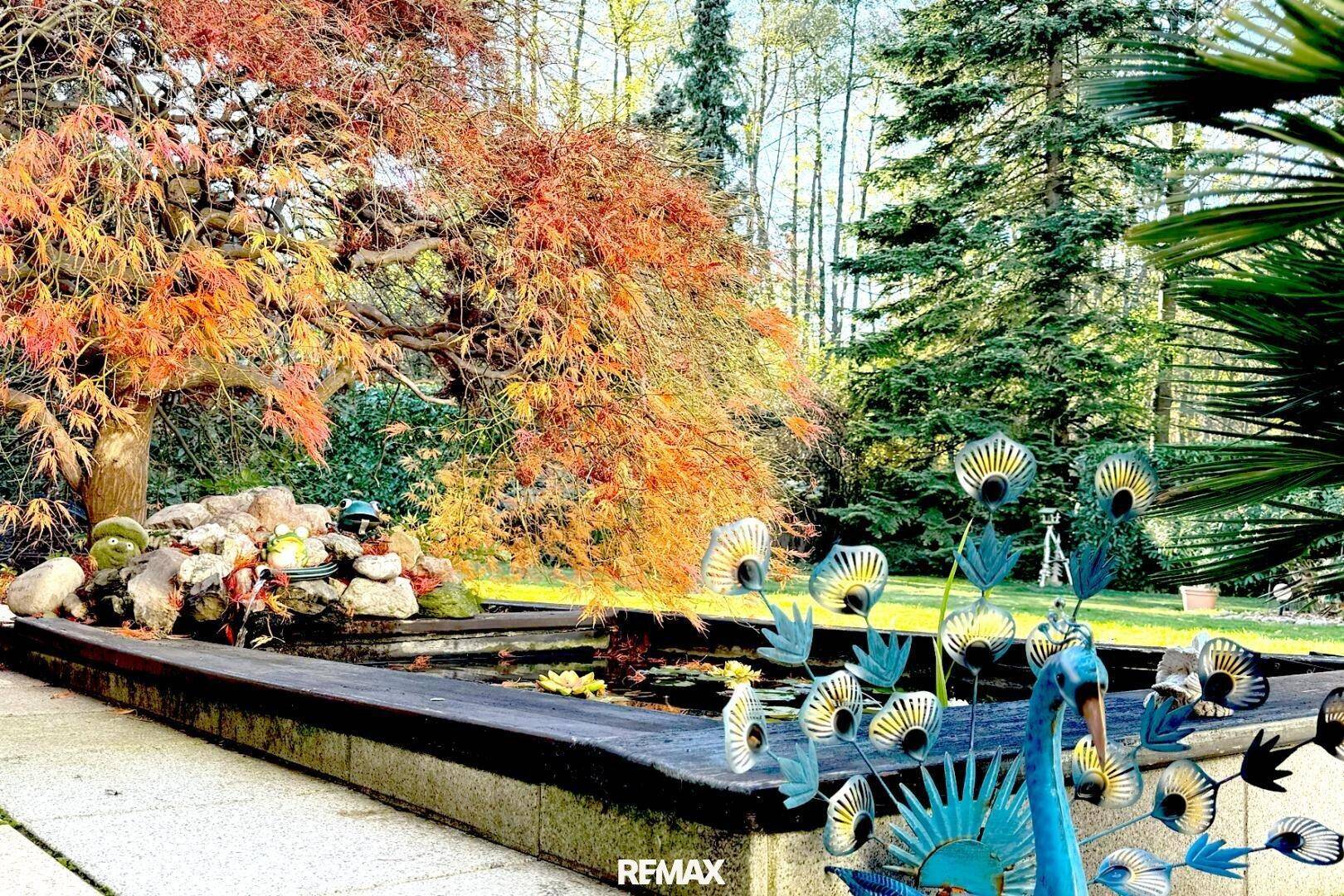 Dekorativer Teich mit Pfauenskulptur im Garten, umgeben von herbstlich gefärbten Bäumen und Sträuchern.
