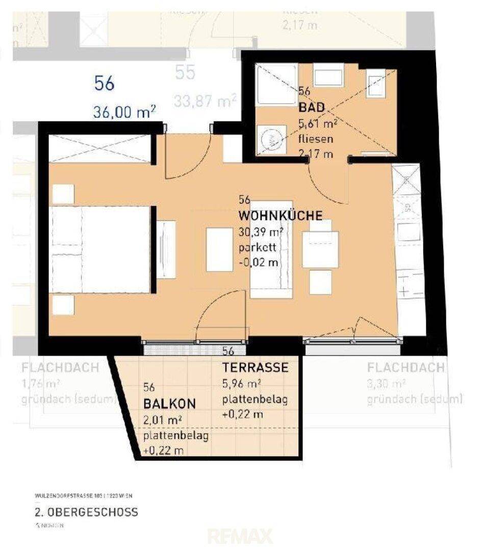 Grundriss des 2. Obergeschosses mit offener Wohnküche, Schlafzimmer, Bad, Terrasse und Balkon.