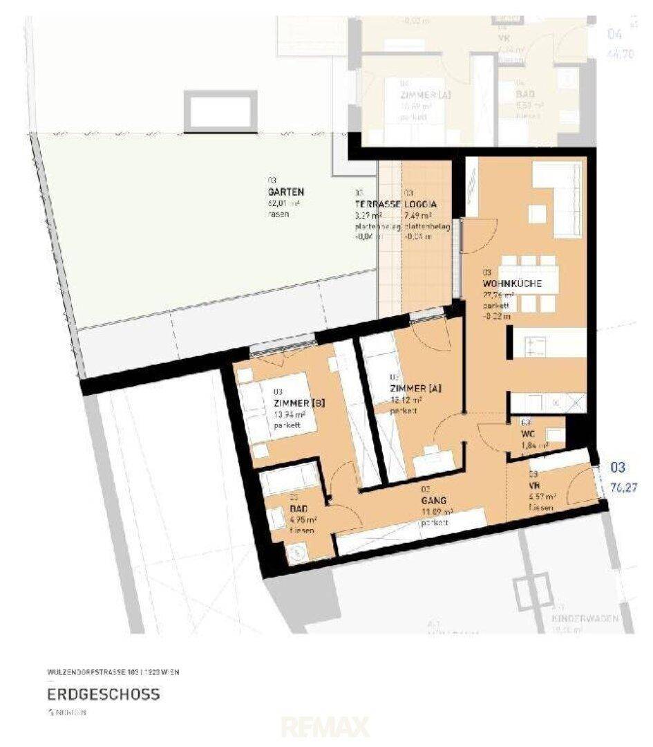 Grundriss des Erdgeschosses mit offener Wohnküche, zwei Zimmern, Bad und Zugang zu Terrasse und Garten.