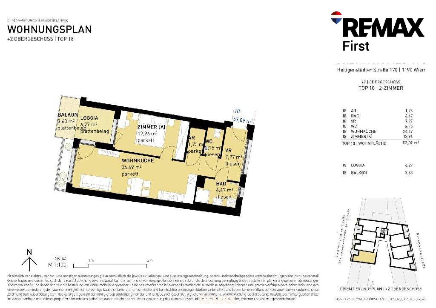 Grundriss einer 2-Zimmer-Wohnung mit offener Wohnküche, Balkon und Loggia.
