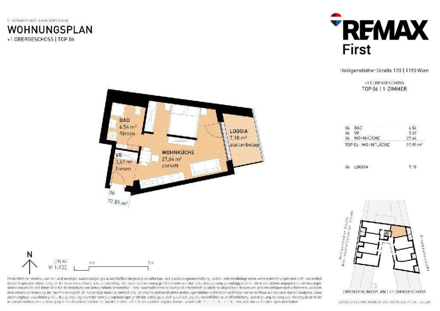 Grundrissplan für eine Wohnung im Obergeschoss mit Wohnküche, Bad und Loggia.