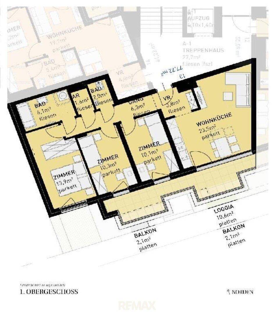 Grundriss des 1. Obergeschosses mit Wohnküche, mehreren Zimmern, zwei Bädern, Balkon und Loggia.