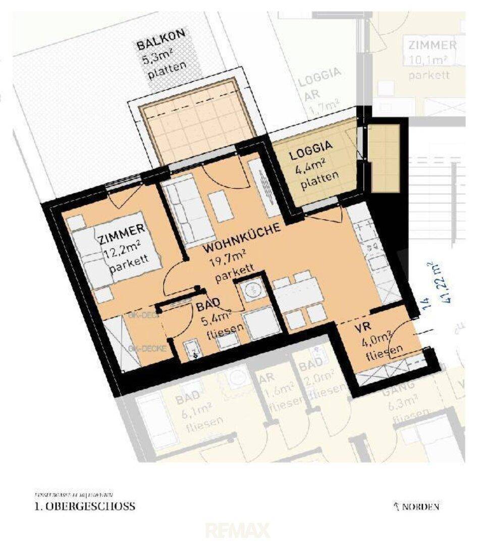 Grundriss des Obergeschosses mit offener Wohnküche, Schlafzimmer, Bad, Balkon und Loggia.