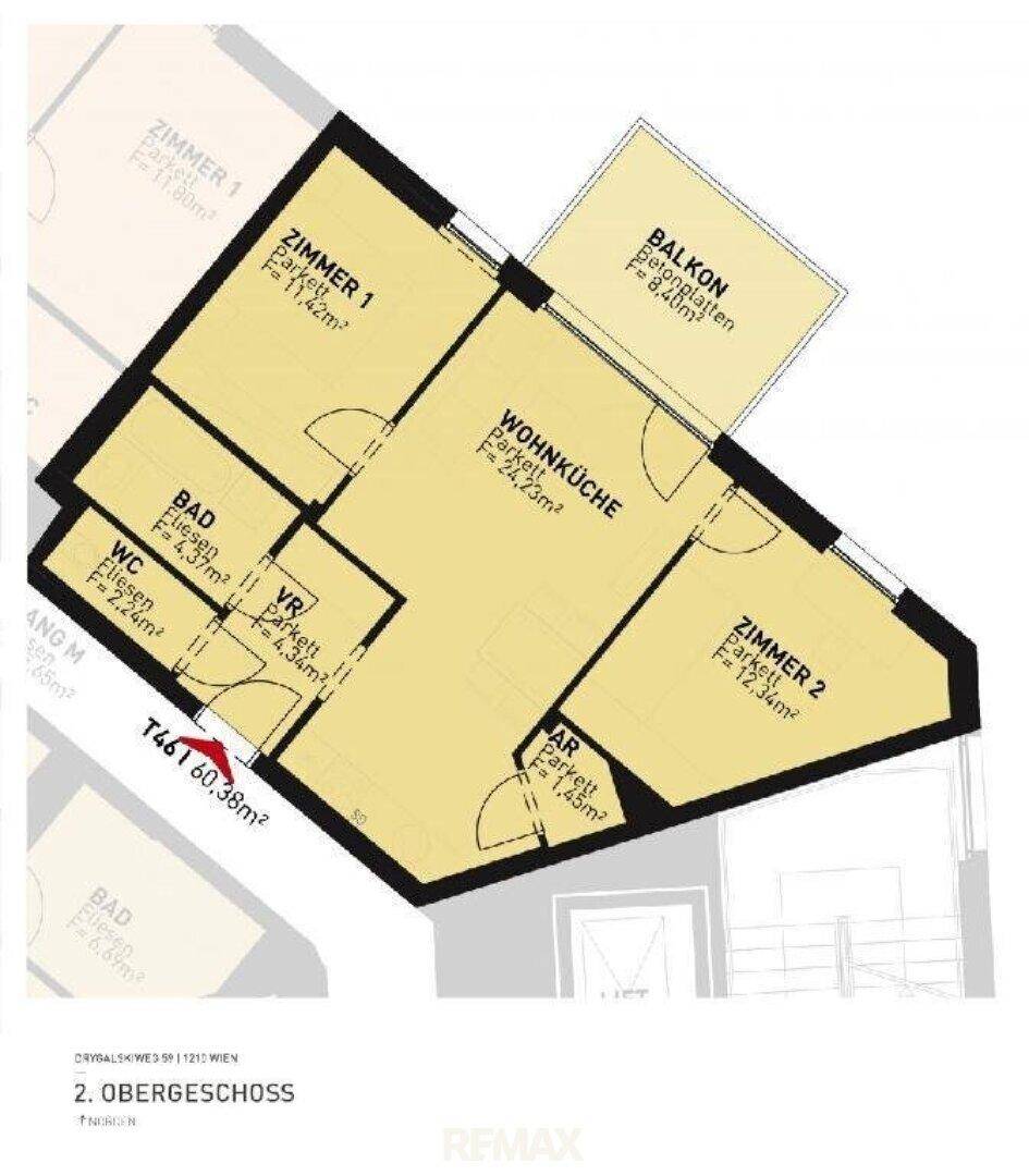 Grundriss der Wohnung im 2. Obergeschoss mit zwei Zimmern, Wohnküche und Balkon.