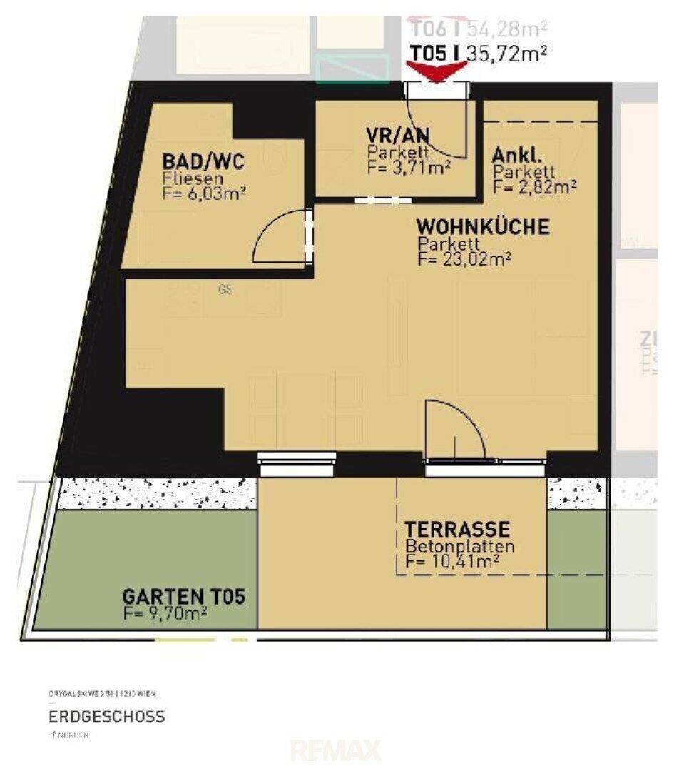 Grundriss des Erdgeschosses mit offener Wohnküche, Terrasse und Gartenbereich.