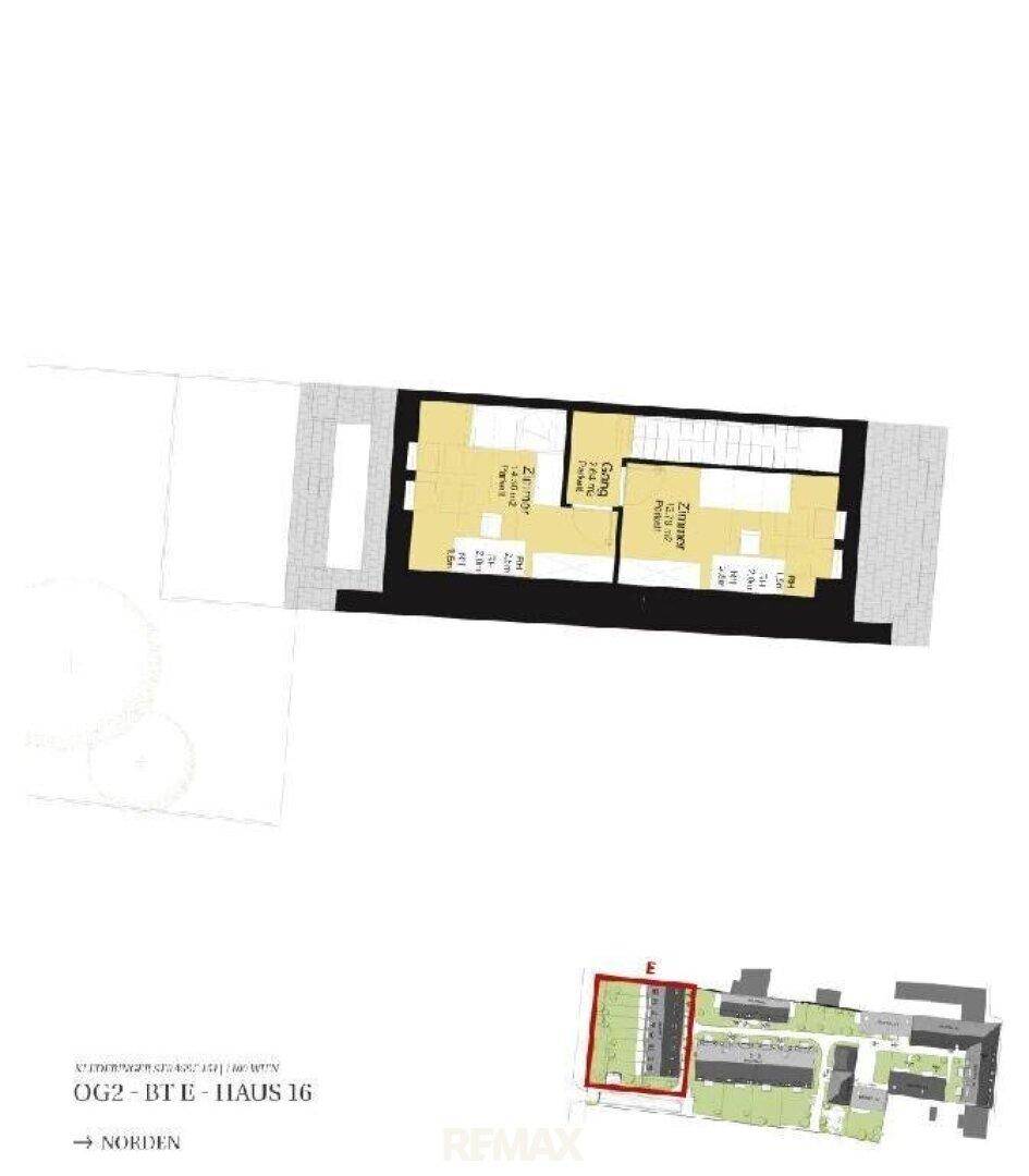 Technischer Grundriss des zweiten Obergeschosses von Reihenhaus 16 mit zwei Schlafzimmern und Treppenbereich.