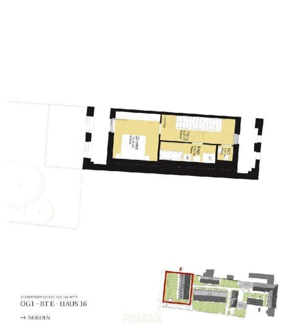 Technischer Grundriss des ersten Obergeschosses von Reihenhaus 16 mit Schlafzimmer, Bad und WC, inklusive Lageplan.