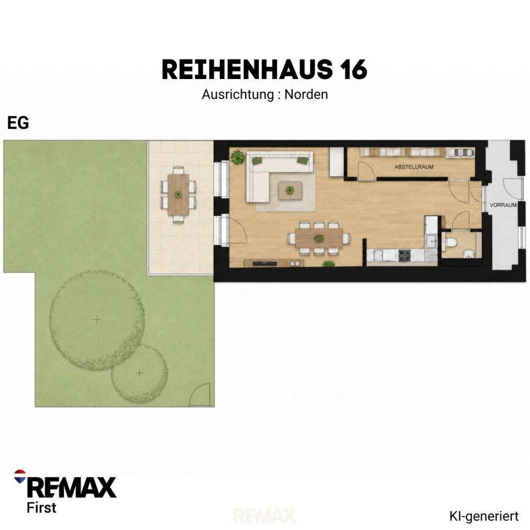 Grundriss des Erdgeschosses von Reihenhaus 16 mit offenem Wohnbereich, Küche, Essplatz und Zugang zur Terrasse.