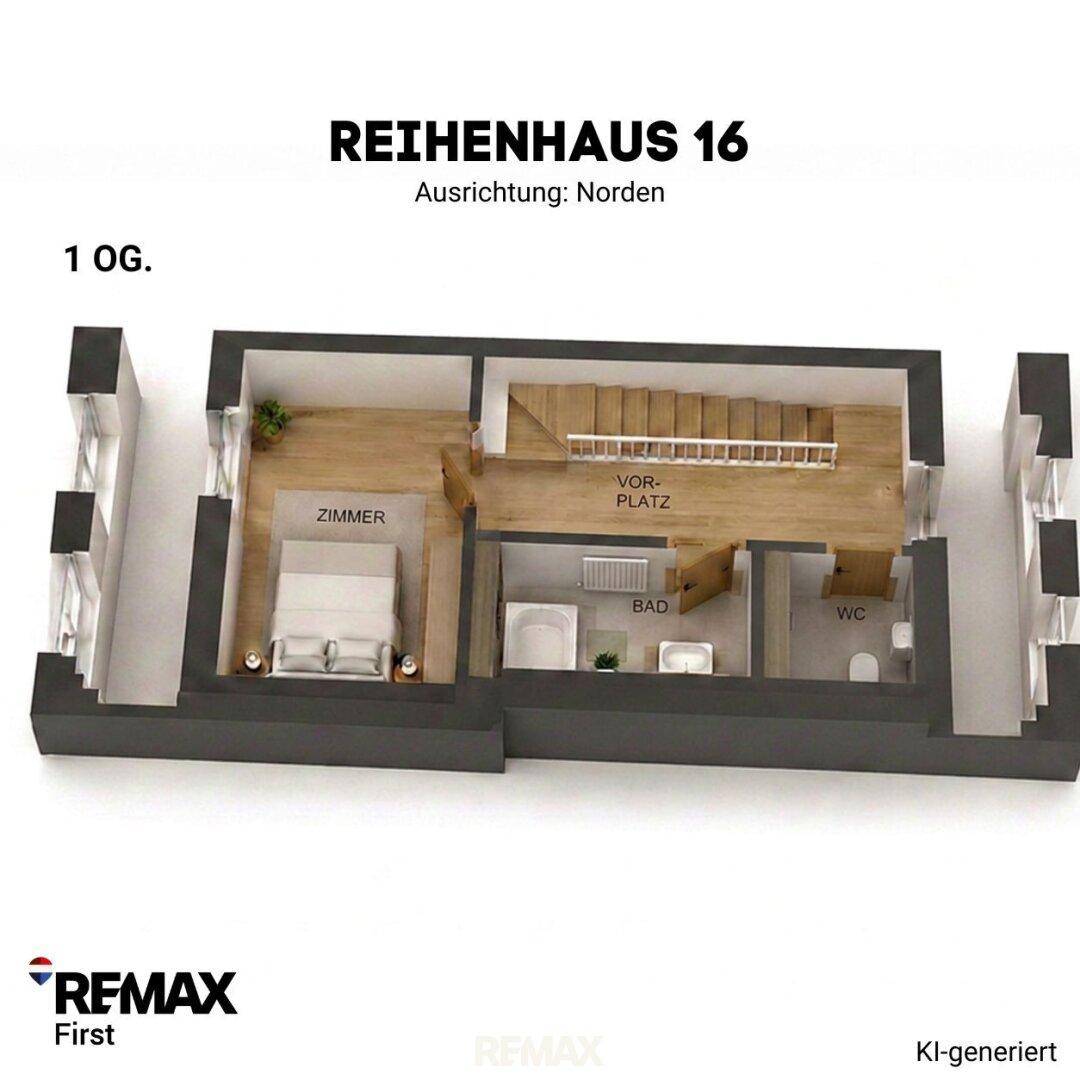 3D-Grundriss des ersten Obergeschosses von Reihenhaus 16 mit Schlafzimmer, Bad und separatem WC.