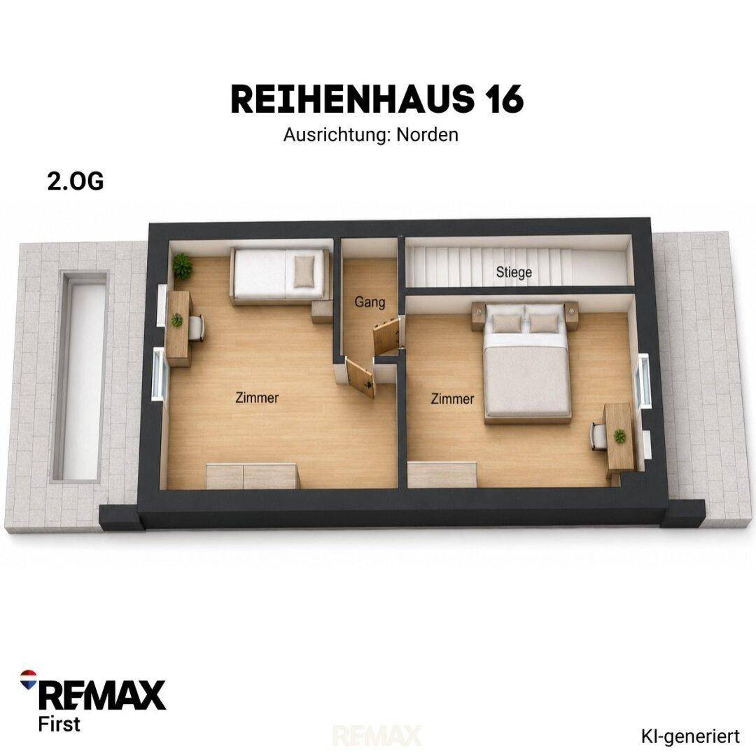 3D-Grundriss des zweiten Obergeschosses von Reihenhaus 16 mit zwei Schlafzimmern und Treppenaufgang.