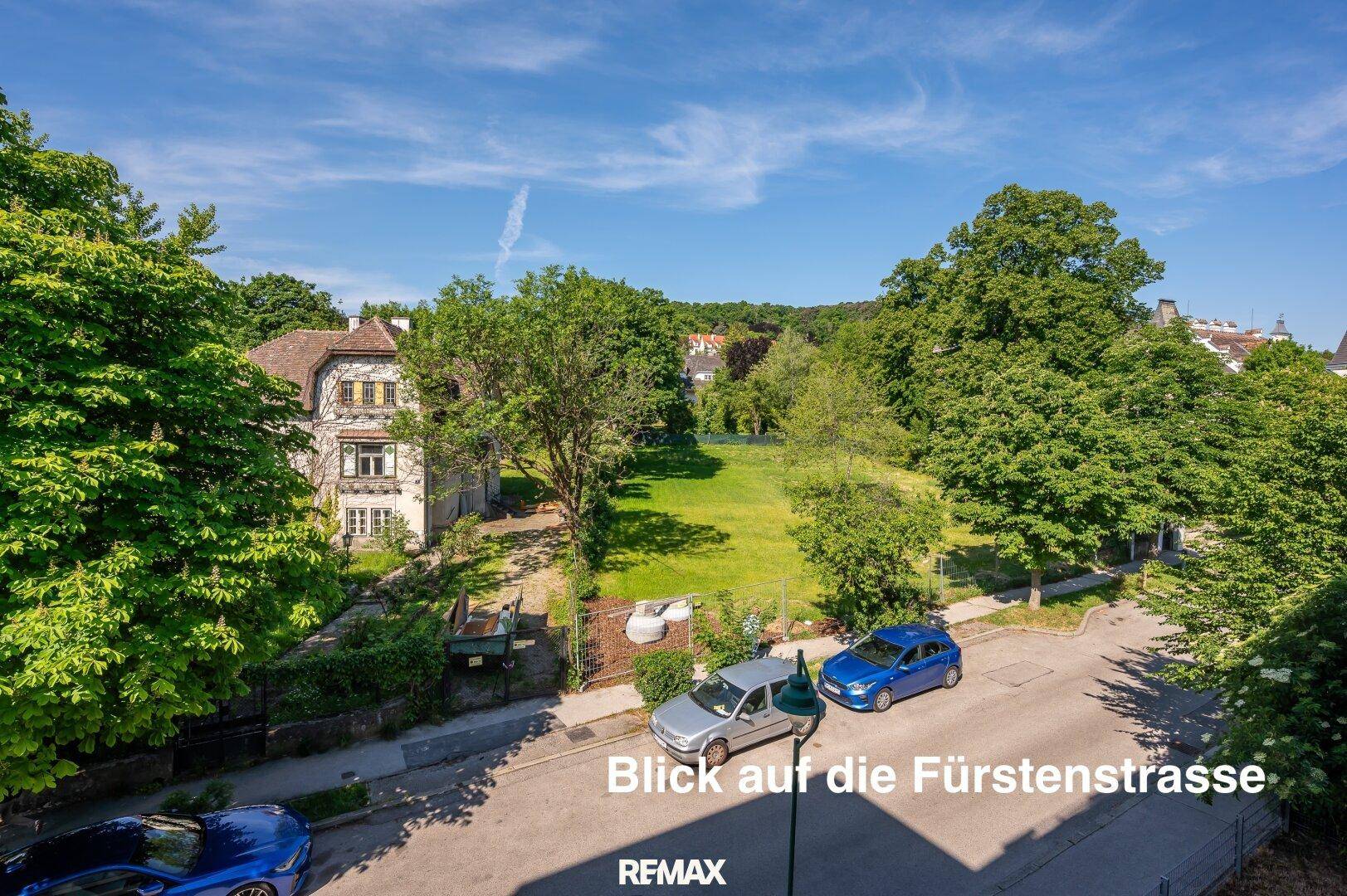 Blick auf die Fürstenstraße mit viel Grün, Bäumen und einer ruhigen Wohngegend.