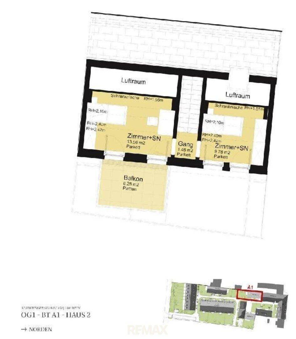 Grundriss des Obergeschosses mit zwei Zimmern, Gang und einem Balkon.
