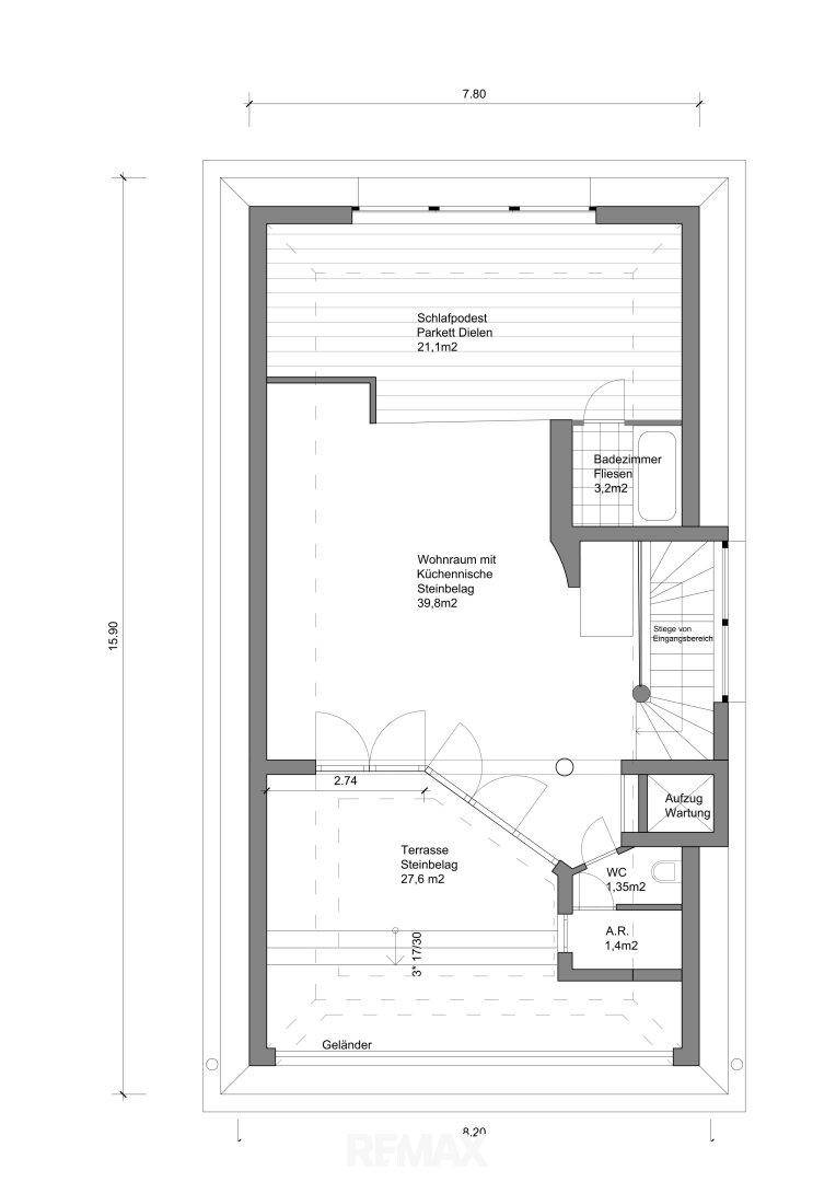 Grundriss mit Schlafbereich, Wohnraum mit Küchennische, Bad, WC und Terrasse.