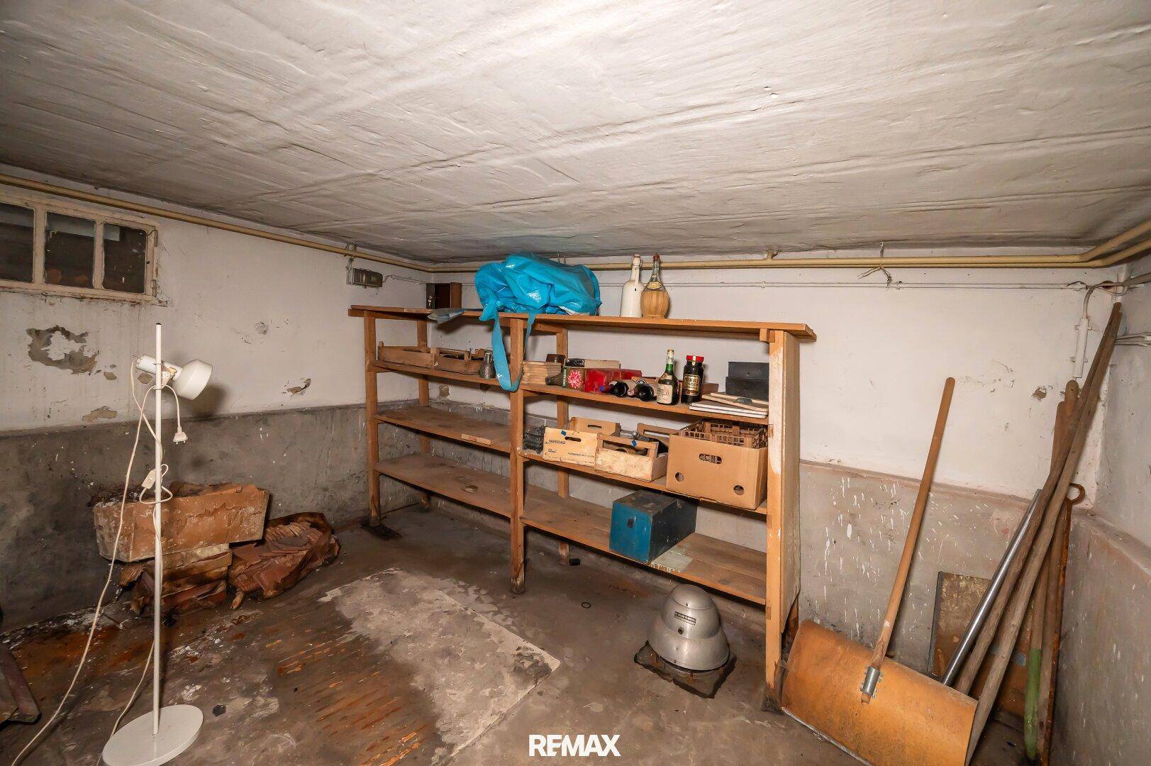 Unausgebauter Kellerraum mit Regalen, Betonboden und kleinen Fenstern für Lagerzwecke.