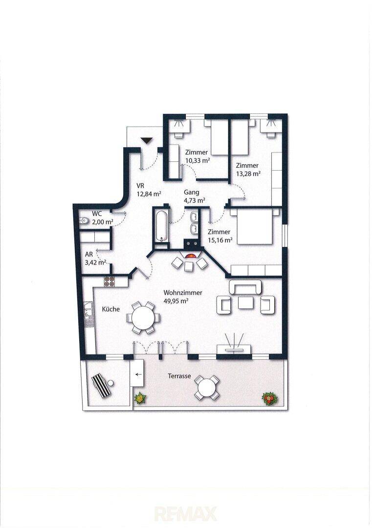 Möblierter Grundriss der Wohnung mit detaillierter Raumgestaltung und Terrassenzugang.