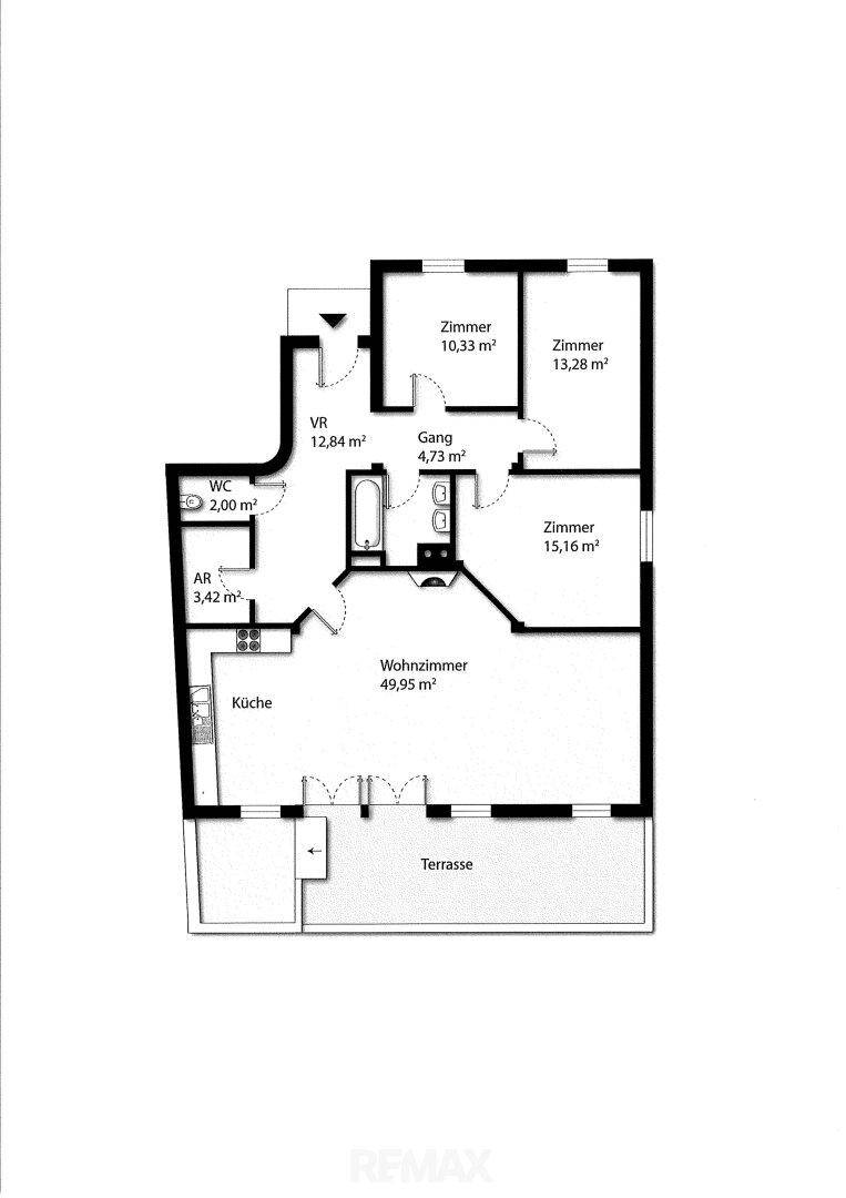 Grundriss der Wohnung mit Raumaufteilung und Flächenangaben in Quadratmetern.