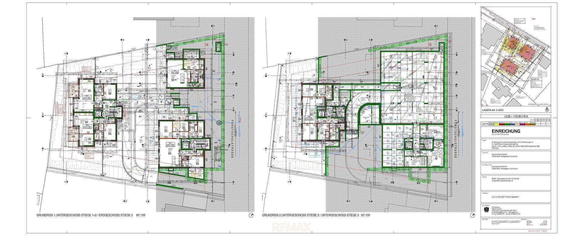Detaillierter Grundrissplan mit verschiedenen Ebenen und der Einbettung in die Umgebung.