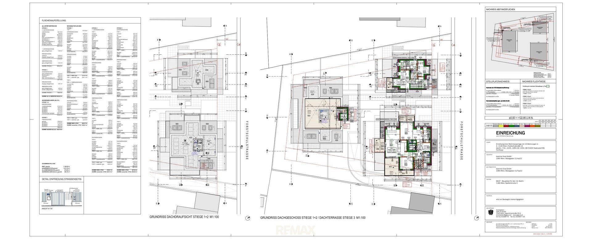 Architektonischer Grundrissplan mit detaillierten Raummaßen und der Lage der Gebäude.