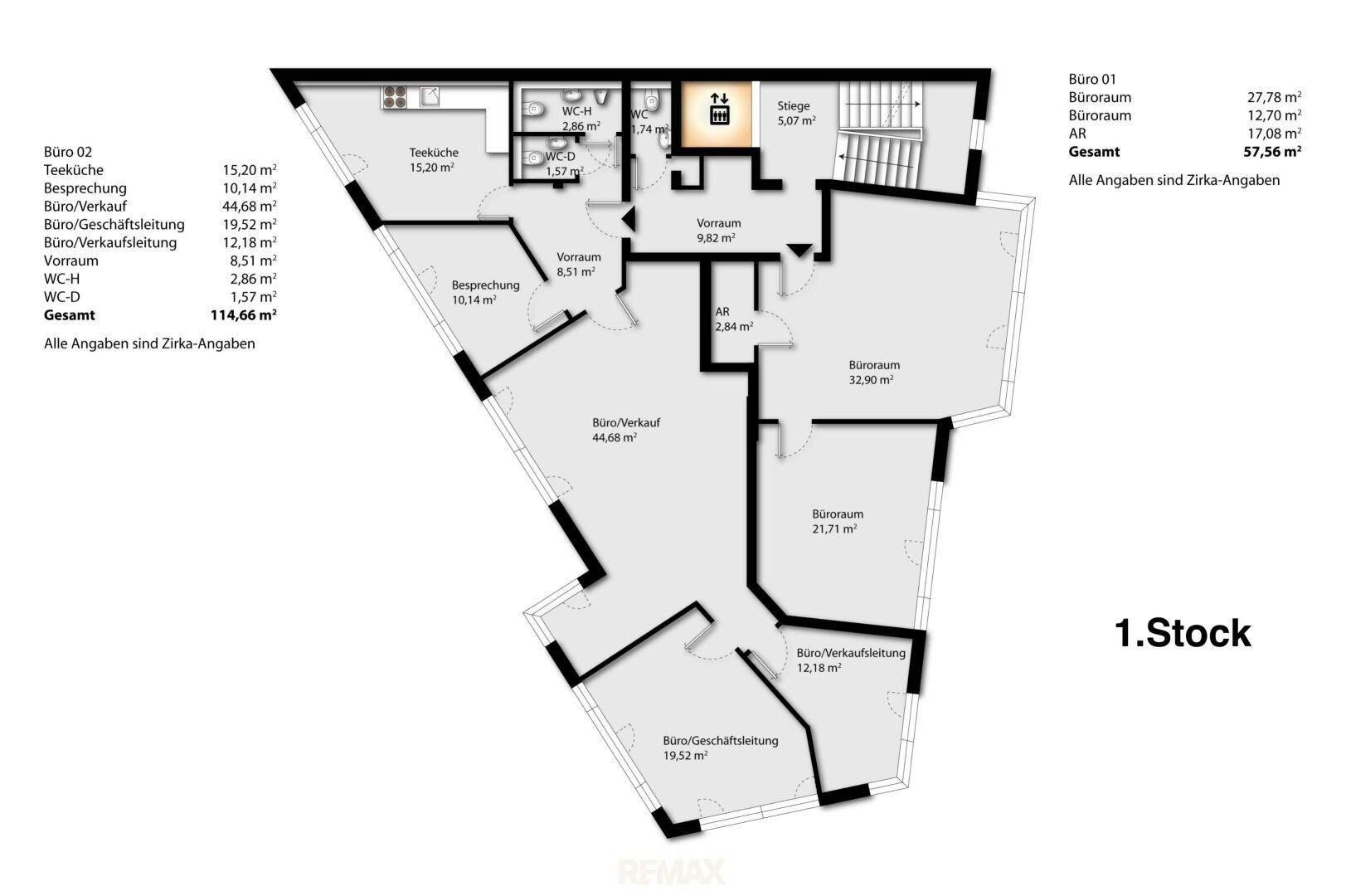 Grundriss des ersten Stocks mit mehreren Büroräumen, Teeküche und Toiletten.