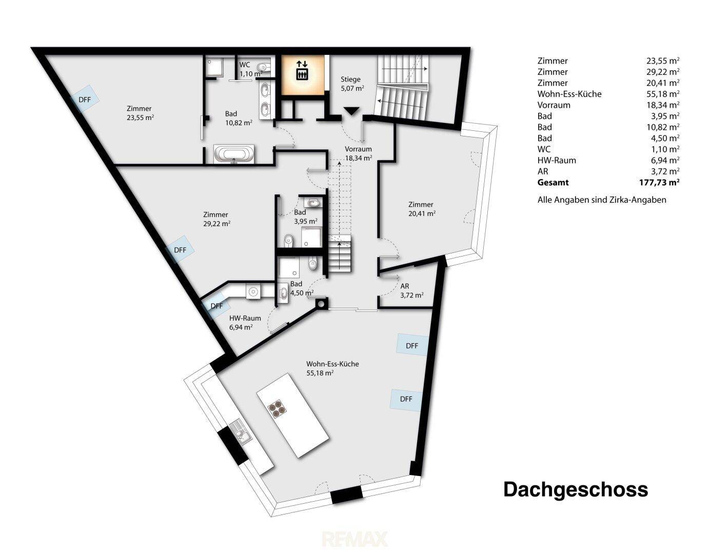 Grundriss des Dachgeschosses mit mehreren Zimmern, Bädern und offenem Wohn-Essbereich.