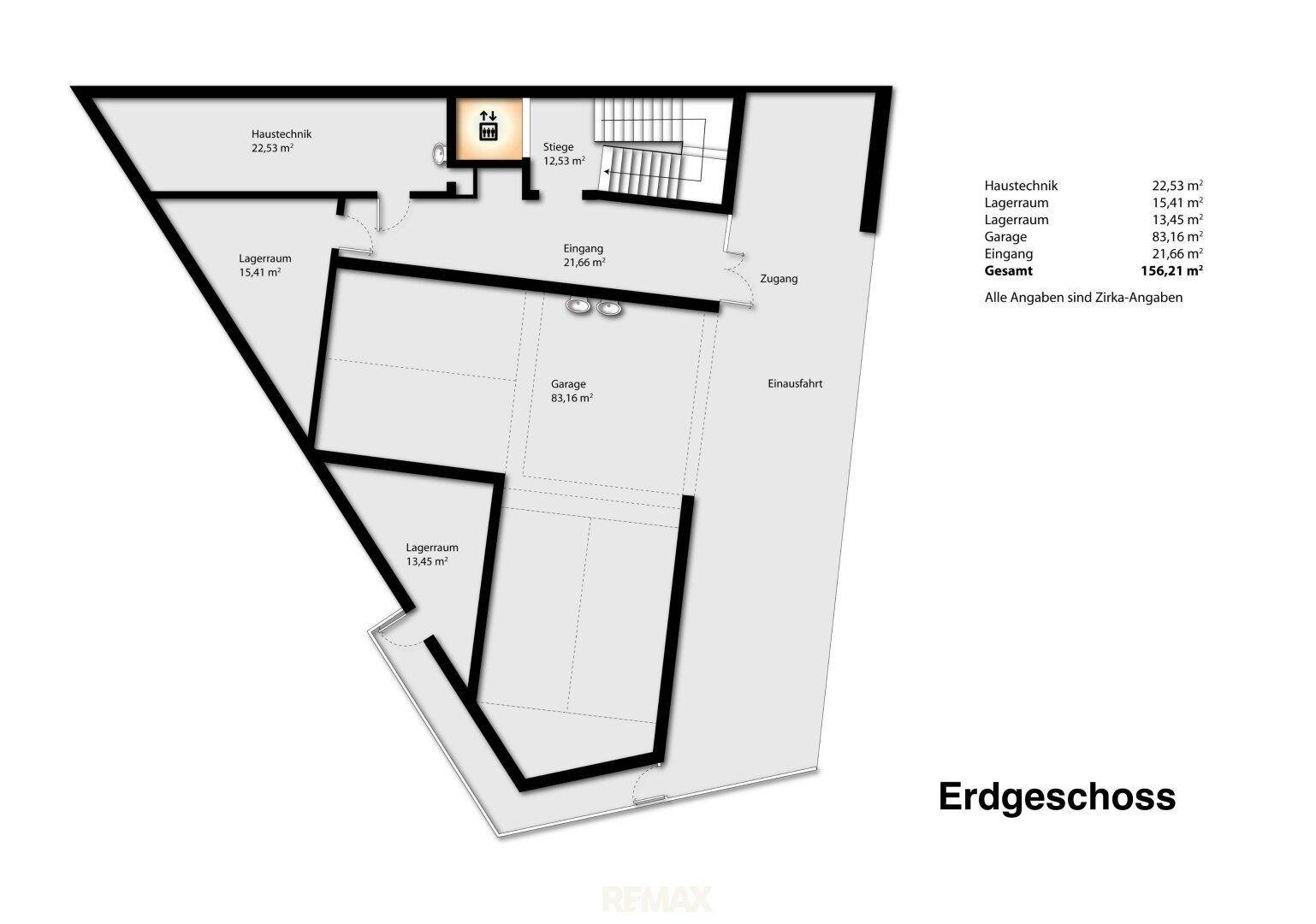 Grundriss des Erdgeschosses mit Garage, Lagerräumen und Eingangsbereich.