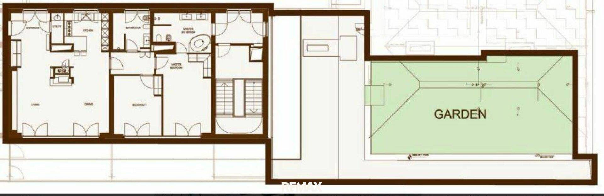 Grundriss mit offenem Wohnbereich, Schlafzimmern und angrenzendem Garten.