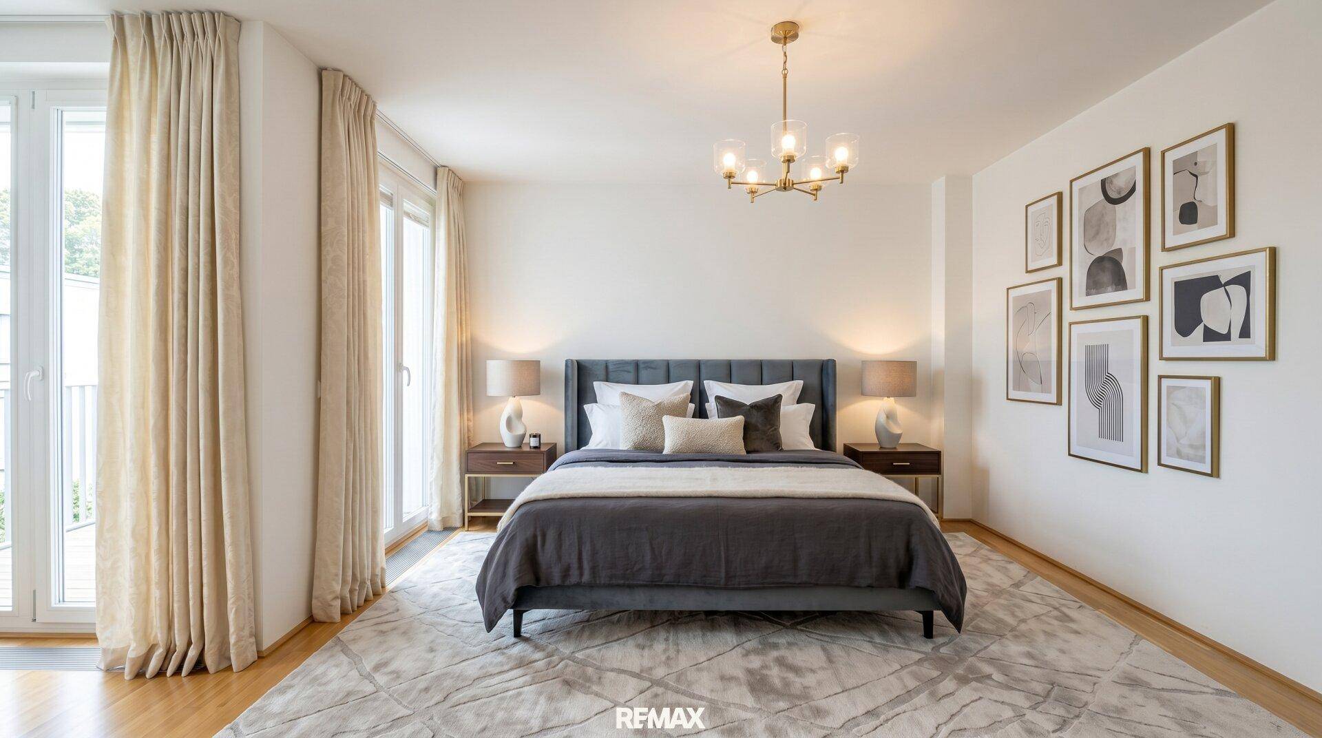 Elegantes Schlafzimmer mit großem Bett, Nachttischen und stilvoller Wanddekoration, viel Tageslicht.