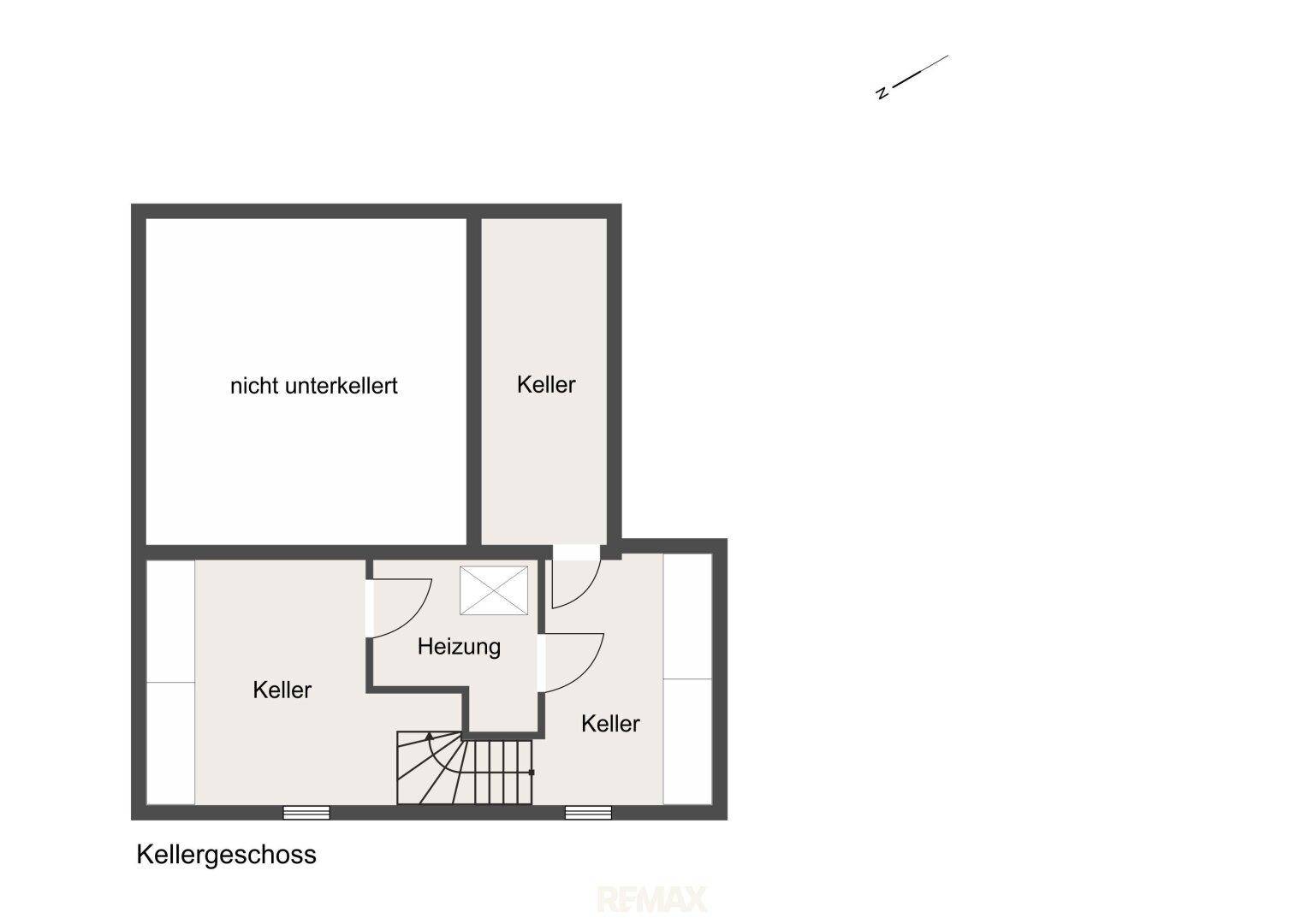 Grundriss des Kellergeschosses mit Heizungsraum und mehreren Kellerräumen.