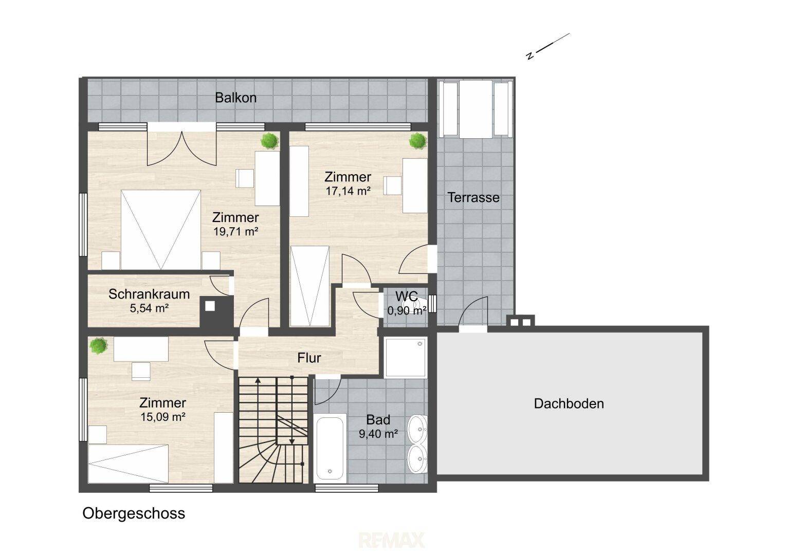 Grundriss des Obergeschosses mit drei Zimmern, Bad, WC, Balkon und einer Terrasse.