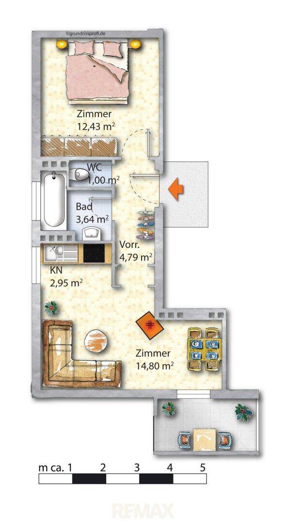 Detaillierter Grundriss einer Wohnung mit Schlafzimmer, Bad und Wohnbereich.