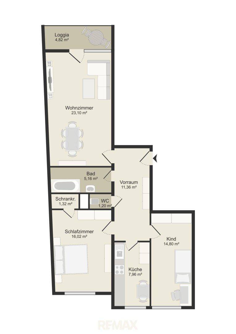 Detaillierter Grundriss einer Wohnung mit Loggia, Wohnzimmer, Schlafzimmer und Kinderzimmer.