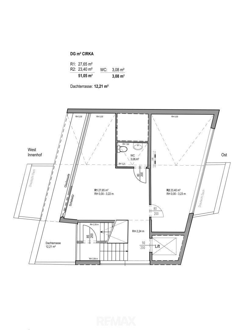 Grundriss des Dachgeschosses mit Dachterrasse und Aufzug.