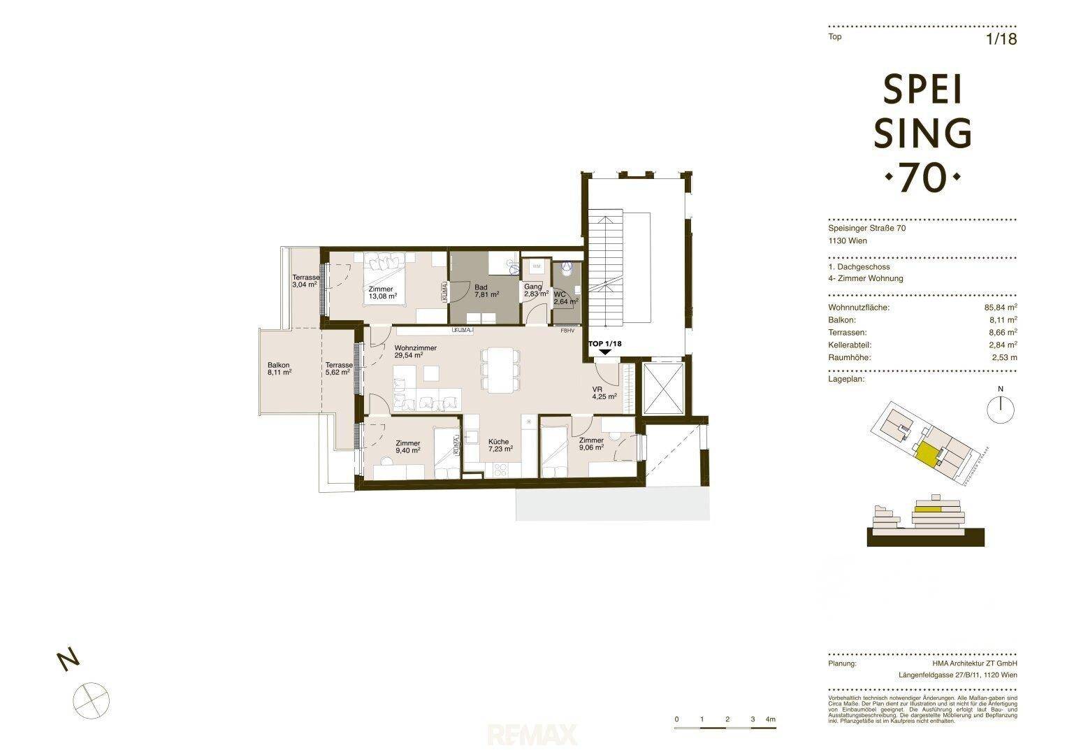 Detaillierter Grundriss einer 4-Zimmer-Wohnung mit Terrasse und klarem Raumlayout.
