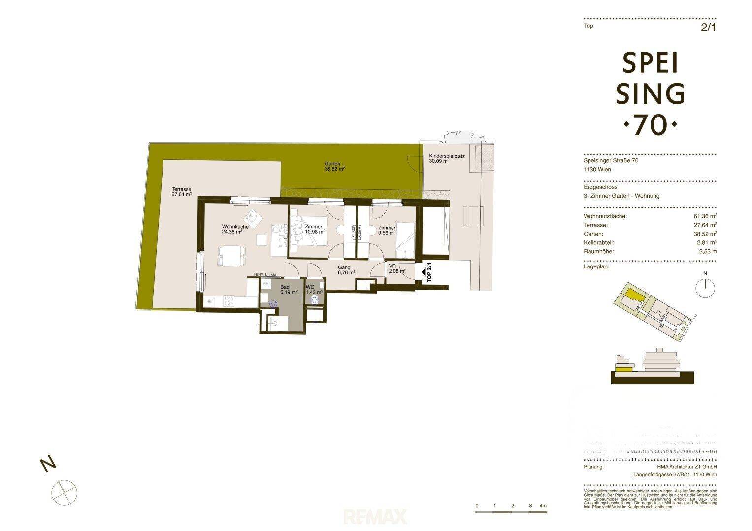 Grundriss einer 3-Zimmer-Gartenwohnung mit Terrasse und Garten, detailliert dargestellt.