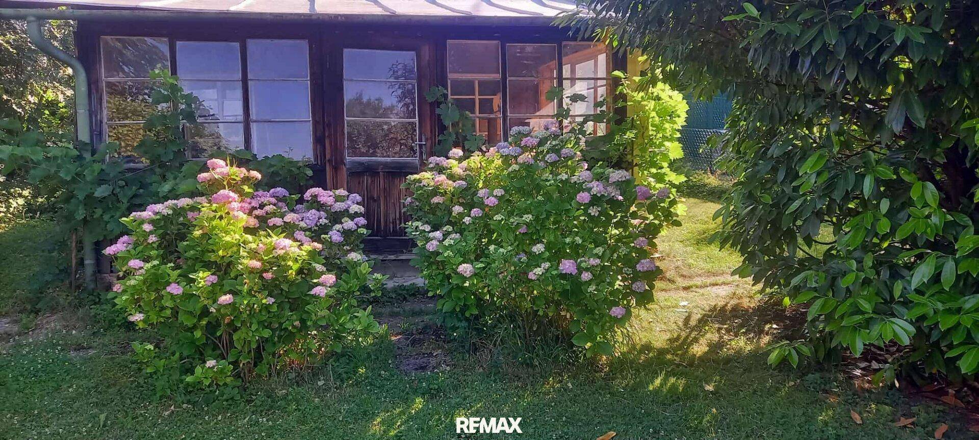 Frontansicht des Holzpavillons, umgeben von blühenden Sträuchern und üppigem Grün im Garten.