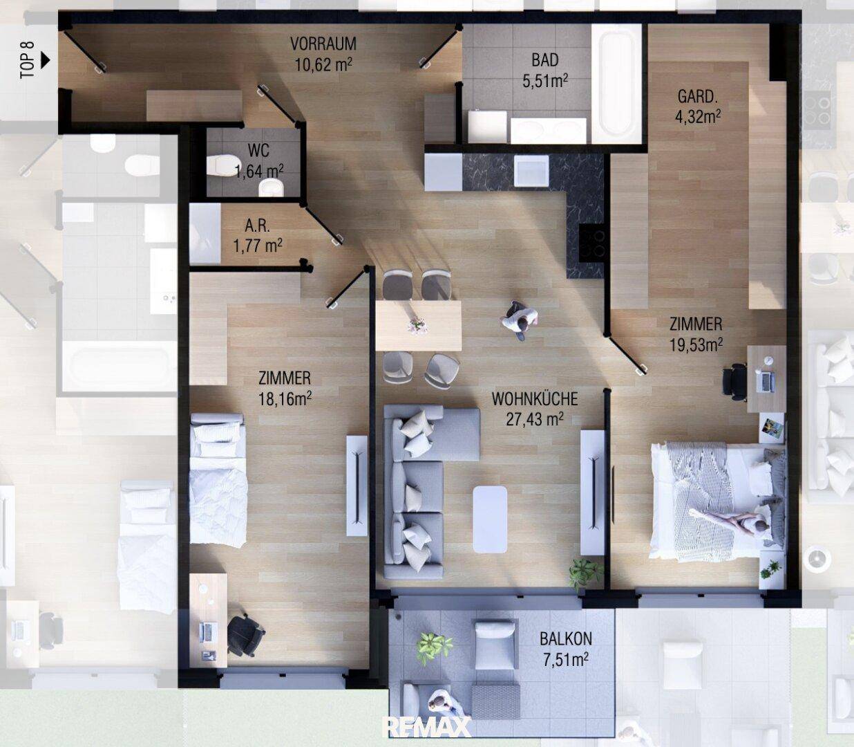 Grundriss einer modernen Wohnung mit offener Wohnküche, zwei Schlafzimmern, Bad, WC und Balkon.