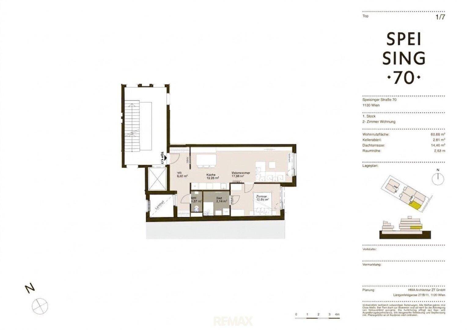 Grundriss einer 2-Zimmer-Wohnung mit separater Küche und Balkonzugang.