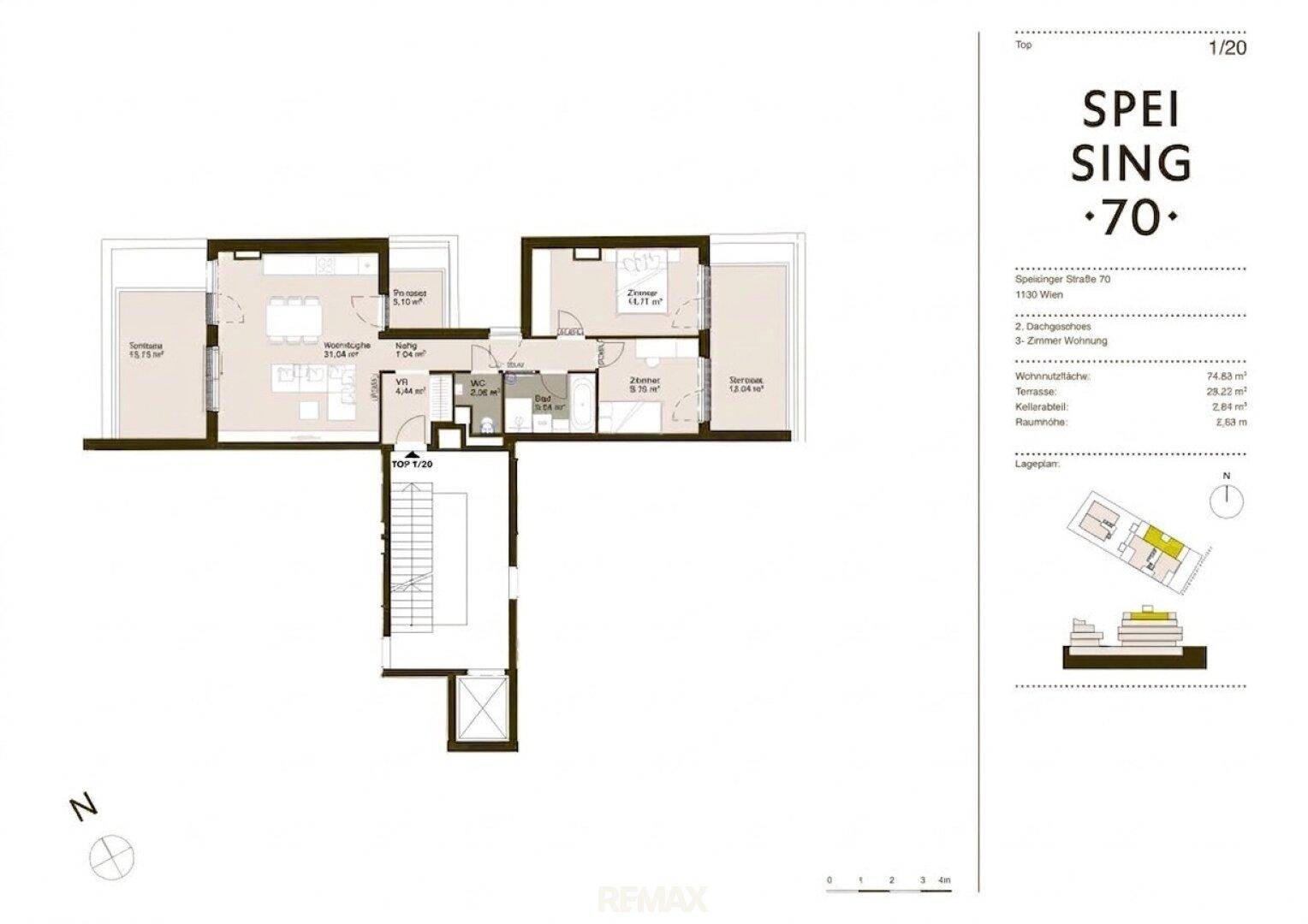 Grundriss einer Wohnung mit zwei Terrassen, Schlafzimmer und offenem Wohnbereich.