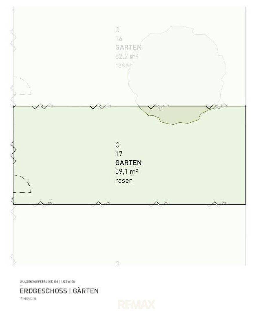 Grundriss des Erdgeschosses mit zwei Gartenbereichen und Rasenflächen.