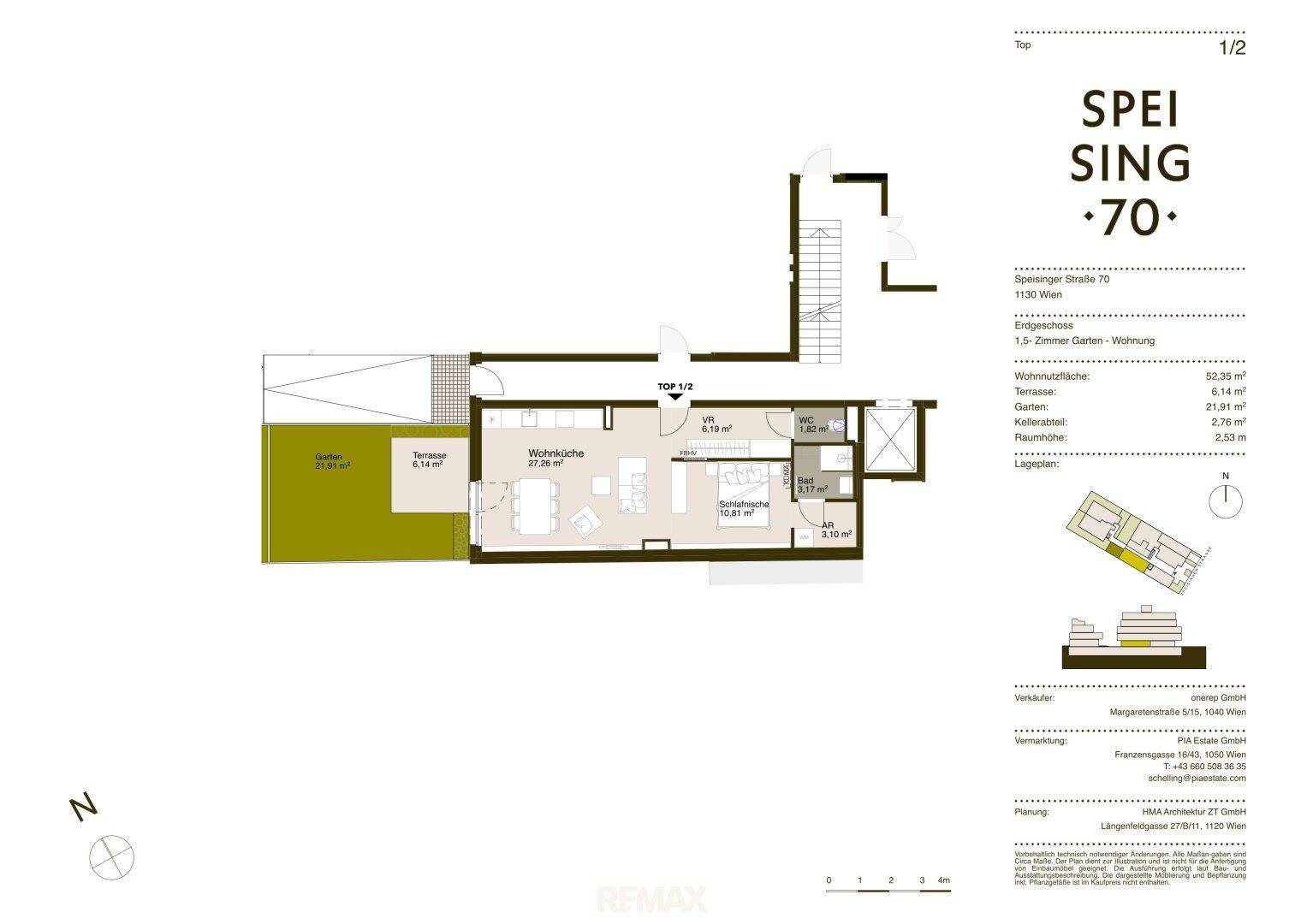 Grundriss einer Erdgeschosswohnung mit offener Wohnküche, Terrasse und privatem Garten.