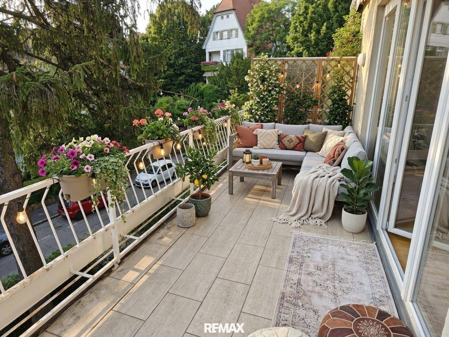 Gemütlicher, möblierter Balkon mit vielen Pflanzen, Lichterkette und bequemer Sitzecke.