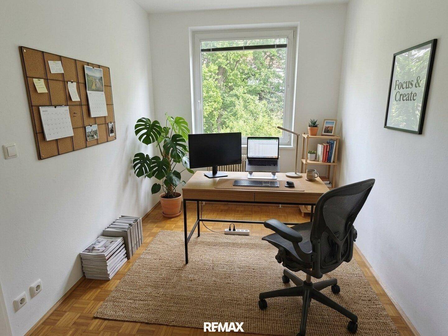 Helles Heimbüro mit Schreibtisch, Bürostuhl und Blick ins Grüne durch das Fenster.