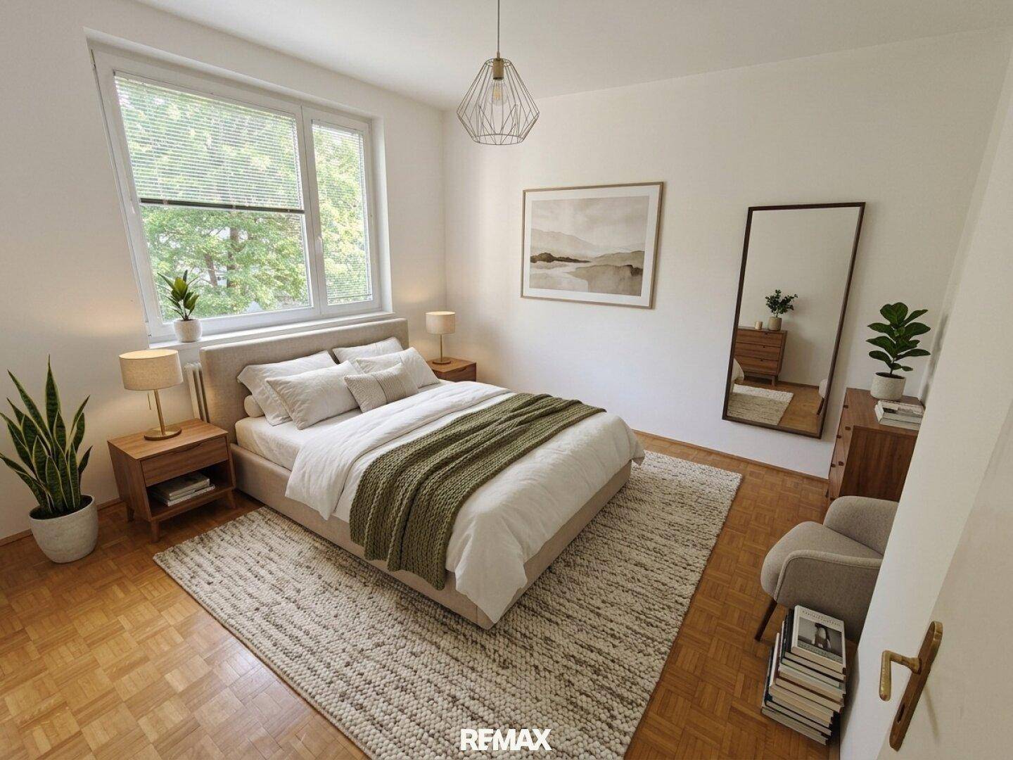 Virtuell möbliertes Schlafzimmer mit Doppelbett, Nachttischen und Teppich, hell und modern gestaltet.