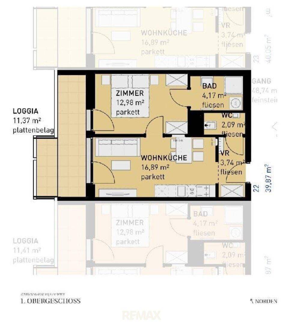 Grundriss des ersten Obergeschosses mit Wohnküche, Zimmern und Loggia.
