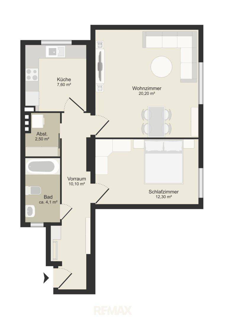 Dieser Grundriss zeigt eine Wohnung mit separater Küche, einem kombinierten Wohn- und Essbereich, einem Schlafzimmer und einem Badezimmer mit Badewanne.