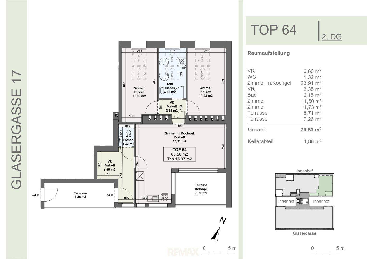 Grundriss der Wohnung TOP 64 mit Zimmern, Bad, WC und zwei Terrassen.