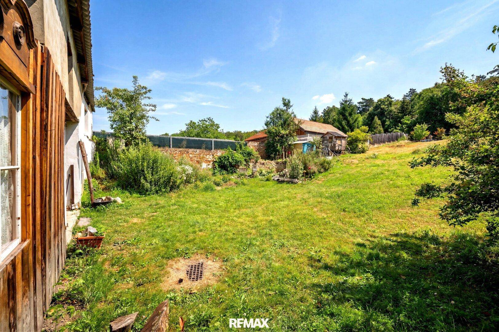 Weitläufiger grüner Gartenbereich mit leichter Hanglage und Blick auf weitere Gebäude im Hintergrund.