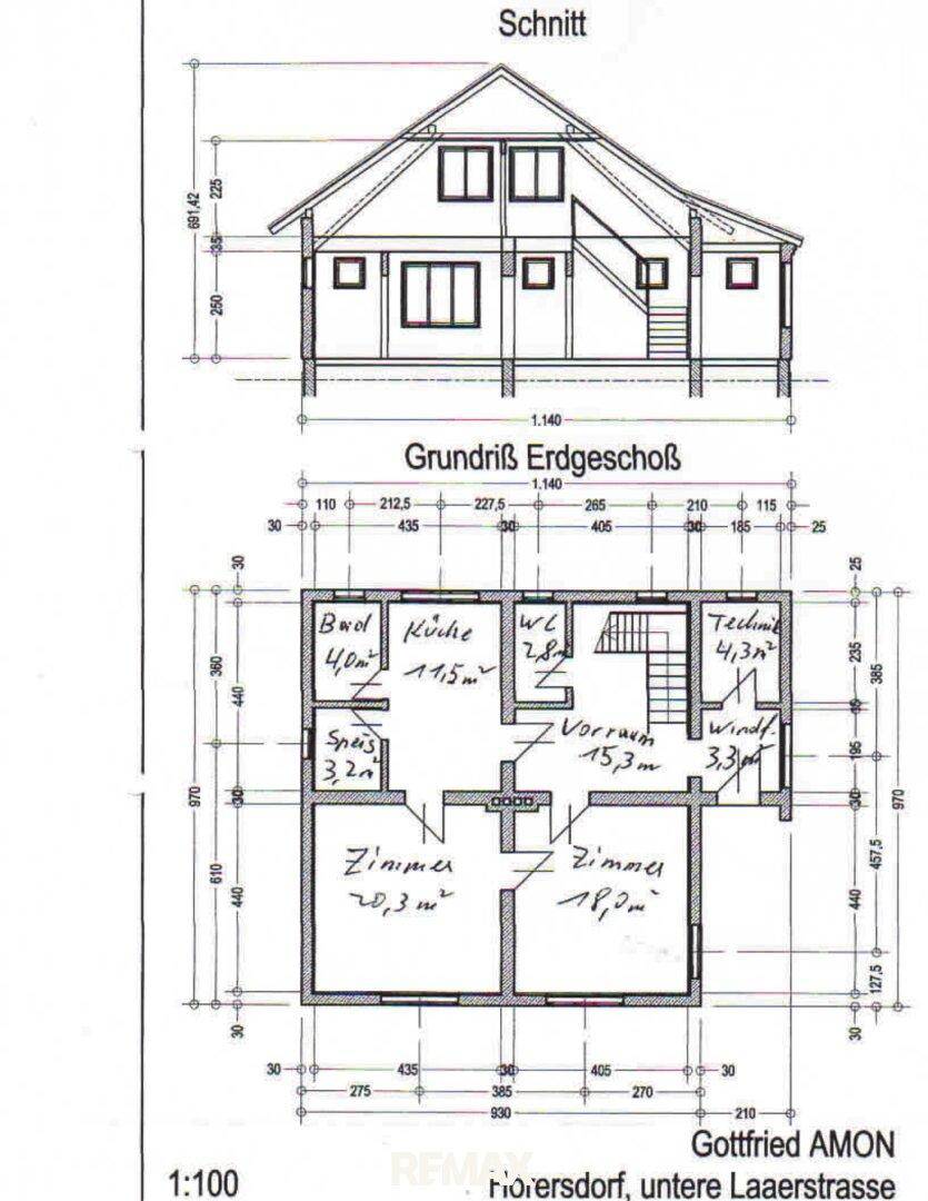 Grundriss des Erdgeschosses mit Raumaufteilung und Schnittansicht des Gebäudes.